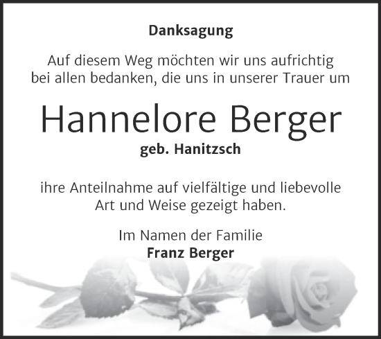 Traueranzeige von Hannelore Berger von Trauerkombi Bitterfeld