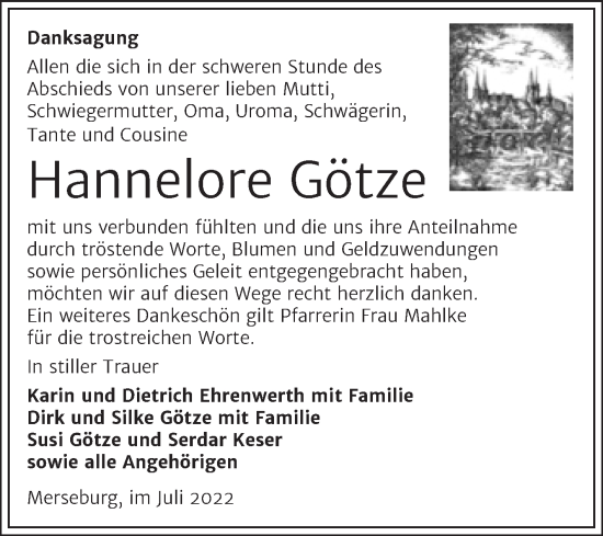 Traueranzeige von Hannelore Götze von Trauerkombi Merseburg