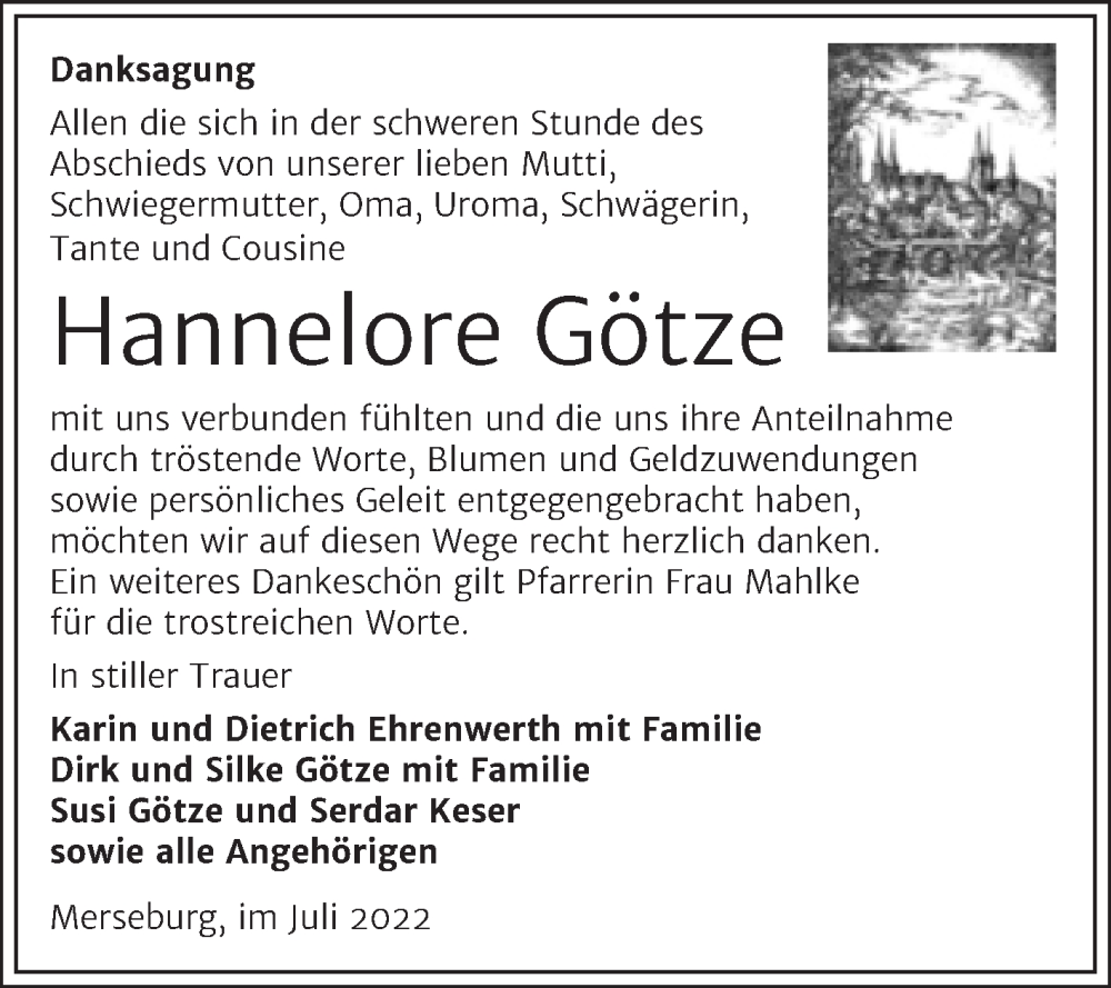  Traueranzeige für Hannelore Götze vom 27.08.2022 aus Trauerkombi Merseburg