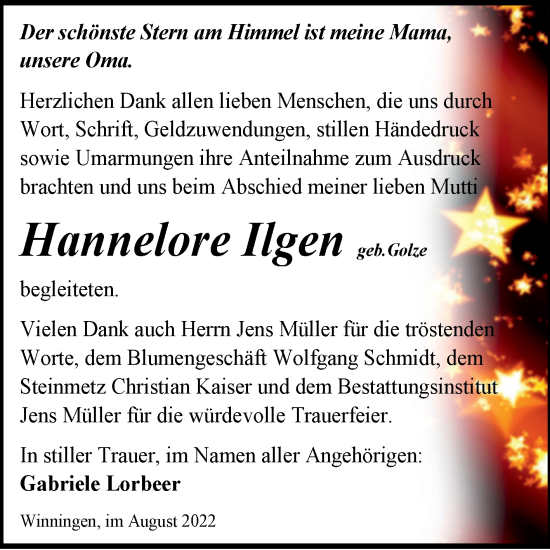 Traueranzeige von Hannelore Ilgen von Trauerkombi Aschersleben