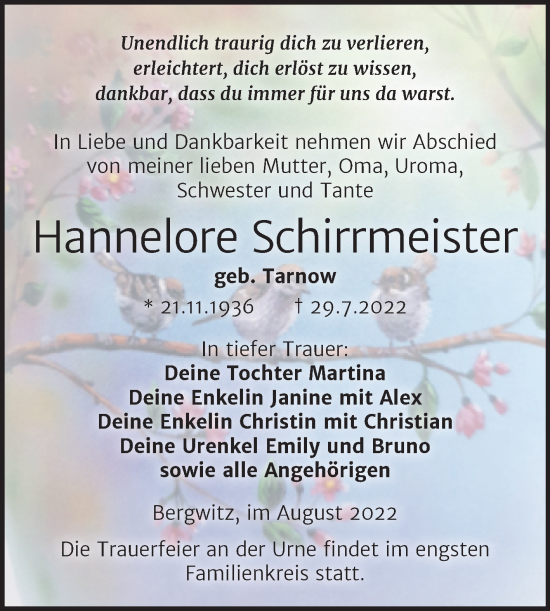 Traueranzeige von Hannelore Schirrmeister von Trauerkombi Wittenberg