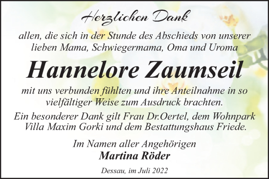 Traueranzeige von Hannelore Zaumseil von Trauerkombi Dessau