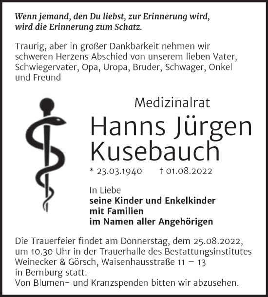 Traueranzeige von Hanns Jürgen Kusebauch von Trauerkombi Bernburg