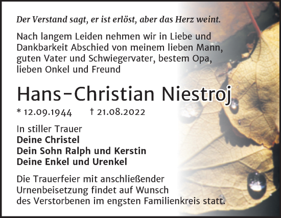Traueranzeige von Hans-Christian Niestroj von Mitteldeutsche Zeitung Halle/Saalkreis