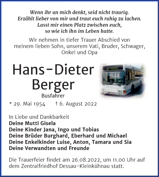 Traueranzeige von Hans-Dieter Berger von Trauerkombi Dessau