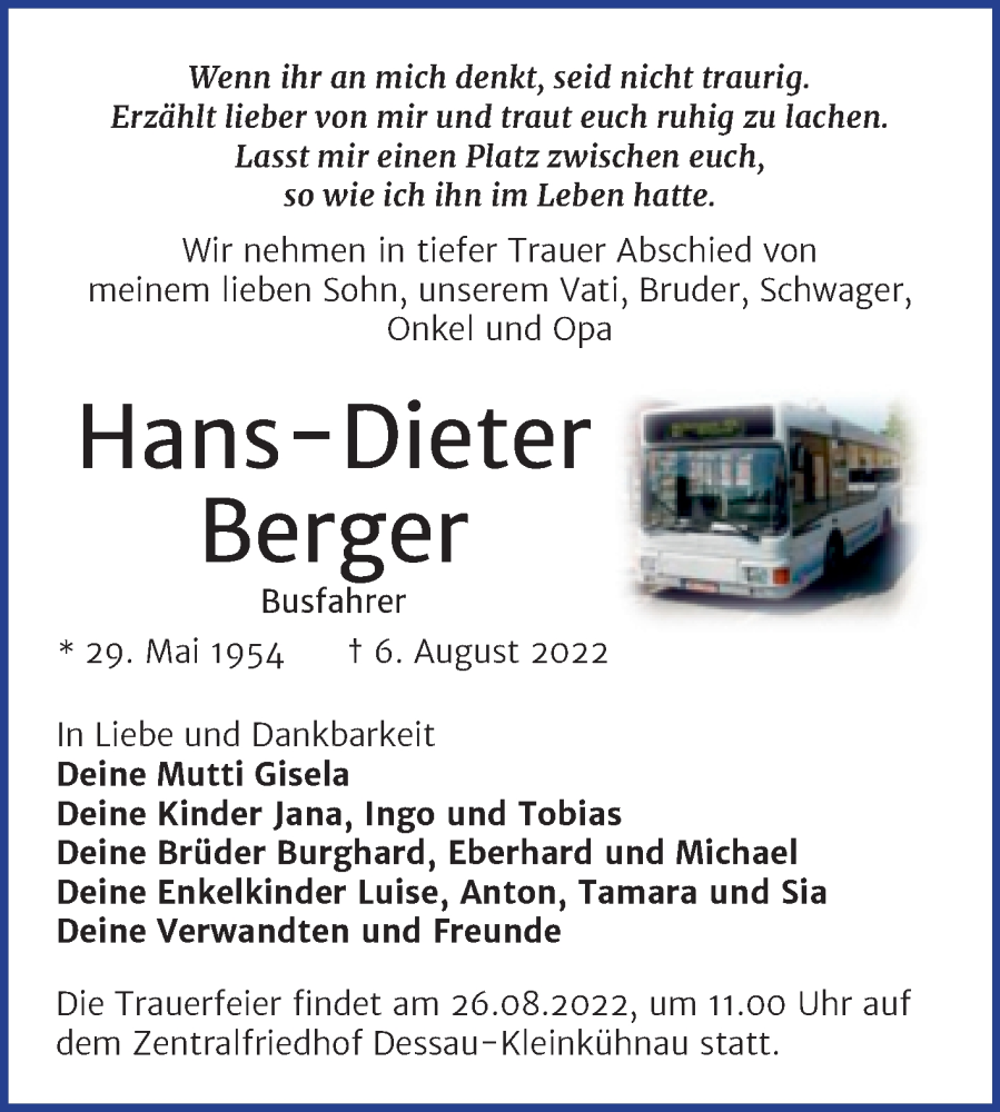  Traueranzeige für Hans-Dieter Berger vom 13.08.2022 aus Trauerkombi Dessau