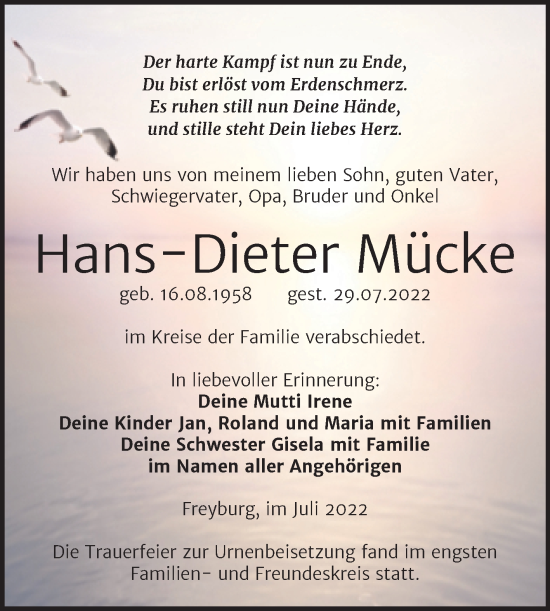 Traueranzeige von Hans-Dieter Mücke von Wochenspiegel Naumburg/Nebra