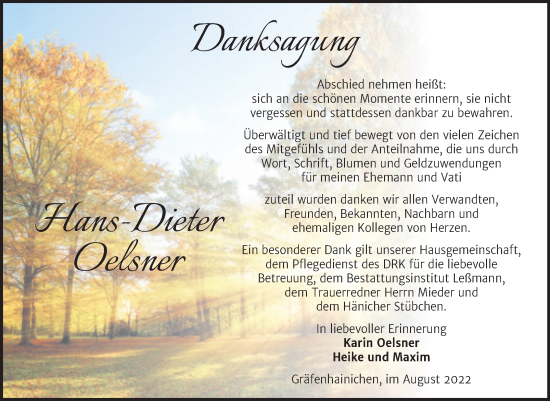 Traueranzeige von Hans-Dieter Oelsner von Trauerkombi Wittenberg