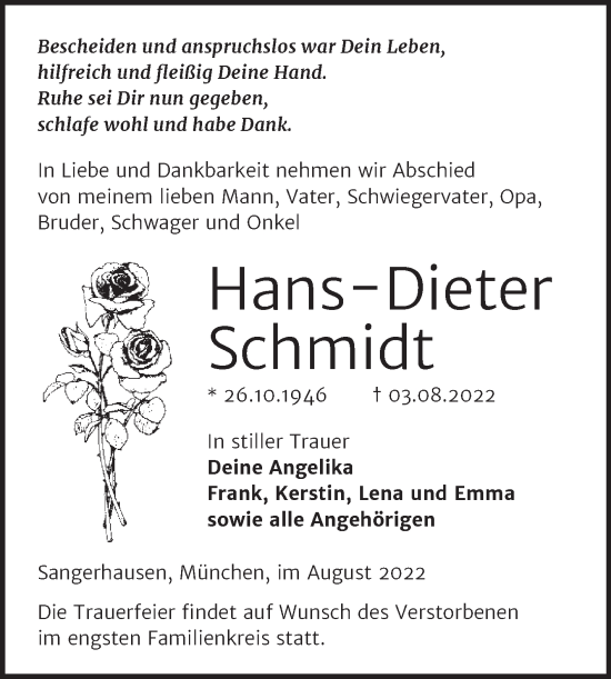 Traueranzeige von Hans-Dieter Schmidt von Trauerkombi Sangerhausen