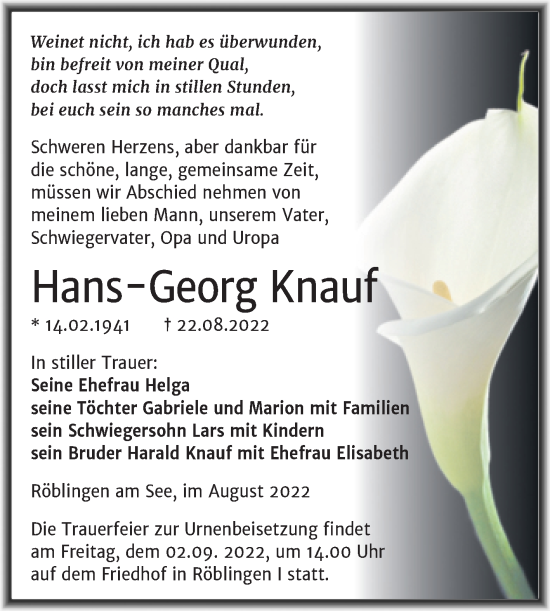 Traueranzeige von Hans-Georg Knauf von Trauerkombi Mansfelder Land