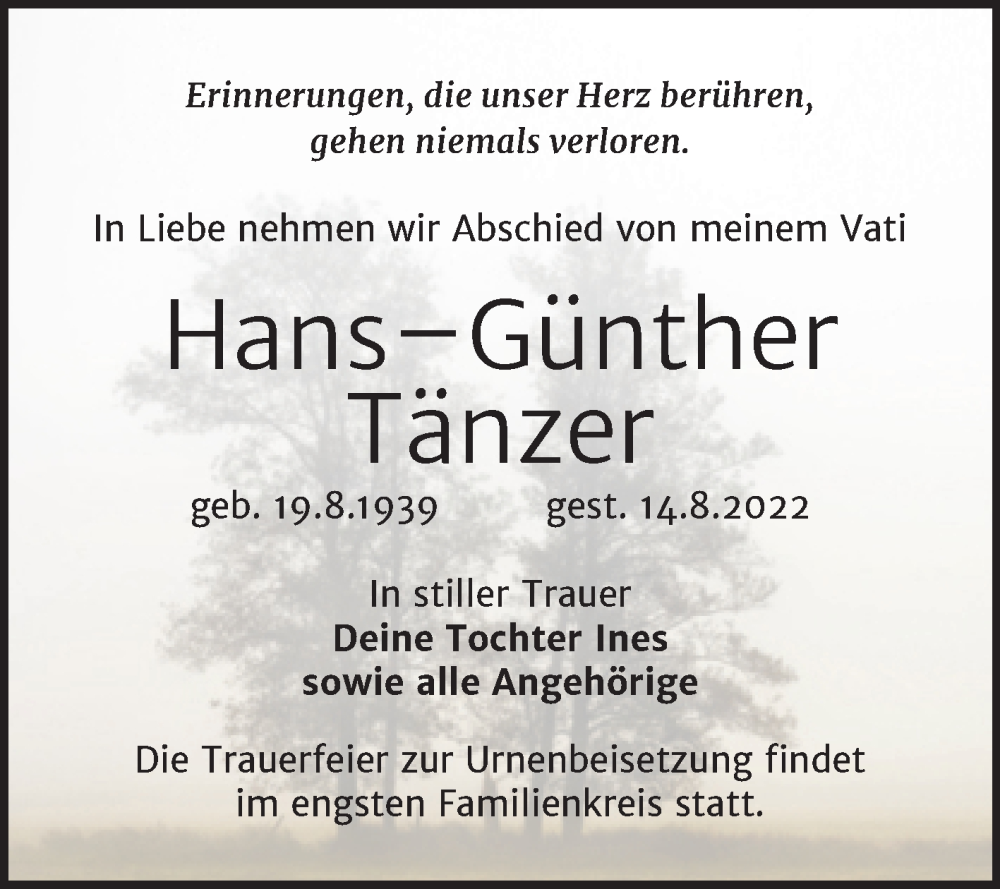  Traueranzeige für Hans-Günther Tänzer vom 24.08.2022 aus Trauerkombi Weißenfels