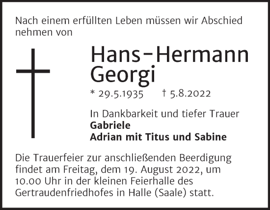 Traueranzeige von Hans-Hermann Georgi von Mitteldeutsche Zeitung Halle/Saalkreis