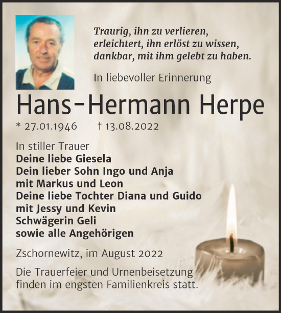 Traueranzeige von Hans-Hermann Herpe von Trauerkombi Wittenberg