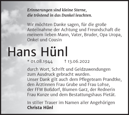 Traueranzeige von Hans Hünl von Trauerkombi Wittenberg