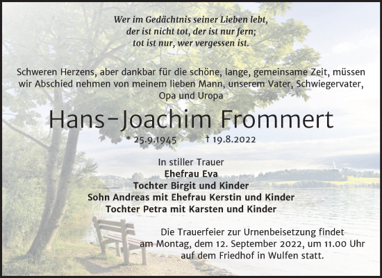 Traueranzeige von Hans-Joachim Frommert von Trauerkombi Köthen