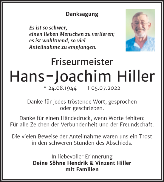 Traueranzeige von Hans-Joachim Hiller von Trauerkombi Wittenberg