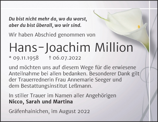 Traueranzeige von Hans-Joachim Million von Trauerkombi Wittenberg