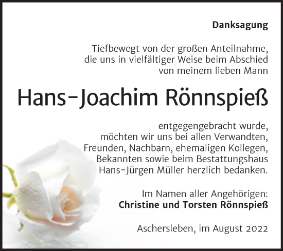 Traueranzeige von Hans-Joachim Rönnspieß von Trauerkombi Aschersleben