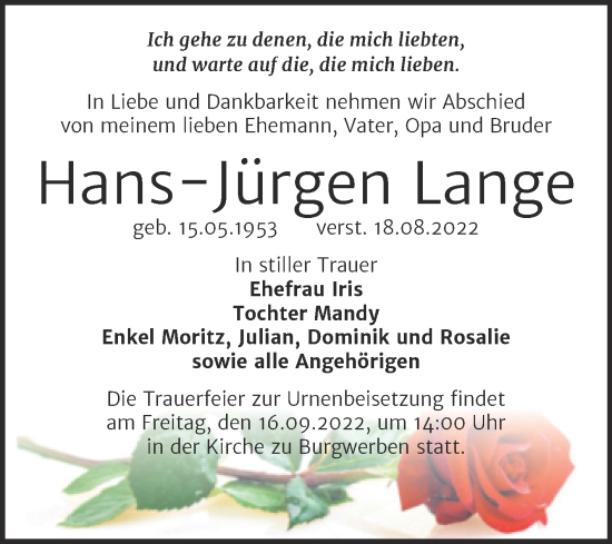 Traueranzeige von Hans-Jürgen Lange von Trauerkombi Weißenfels
