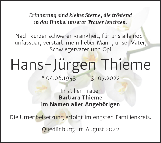 Traueranzeige von Hans-Jürgen Thieme von Trauerkombi Quedlinburg