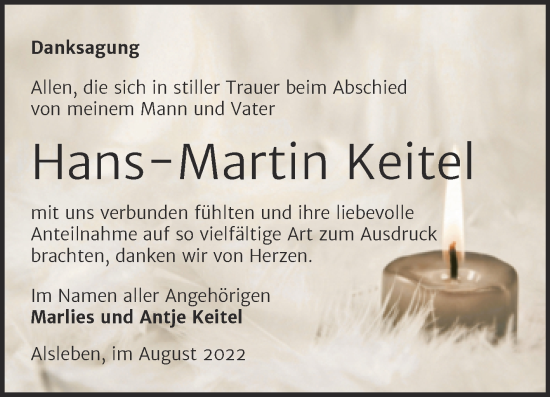 Traueranzeige von Hans-Martin Keitel von Trauerkombi Bernburg