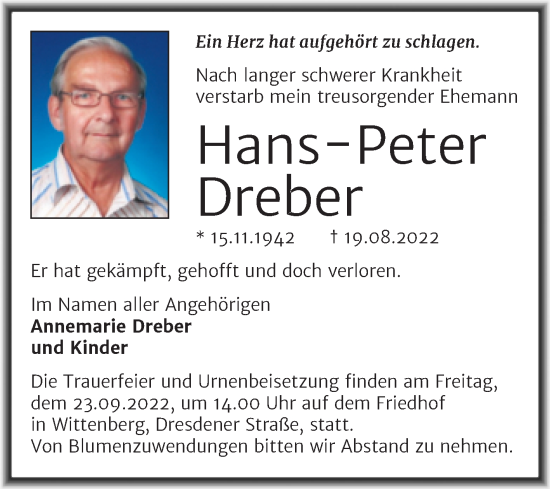 Traueranzeige von Hans-Peter Dreber von Trauerkombi Wittenberg