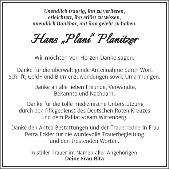 Traueranzeige von Hans Planitzer von Trauerkombi Dessau