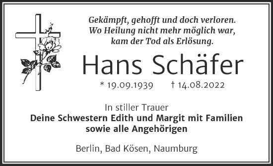 Traueranzeige von Hans Schäfer von Wochenspiegel Naumburg/Nebra