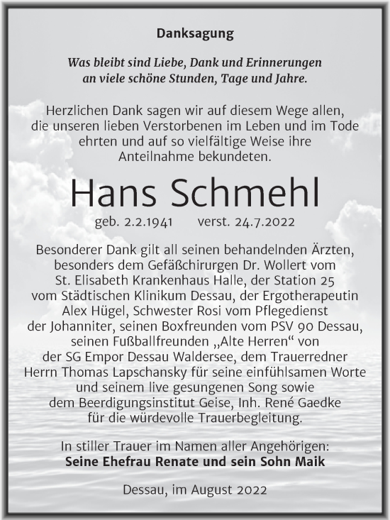 Traueranzeige von Hans Schmehl von Trauerkombi Dessau