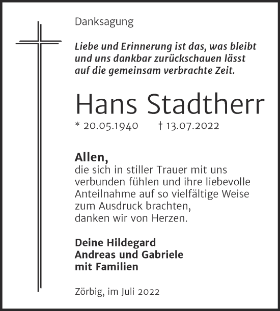 Traueranzeige von Hans Stadtherr von Trauerkombi Bitterfeld