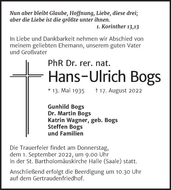 Traueranzeige von Hans-Ulrich Bogs von Mitteldeutsche Zeitung Halle/Saalkreis