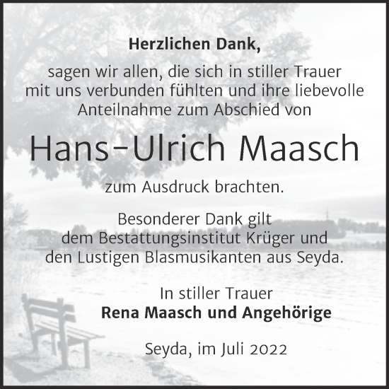 Traueranzeige von Hans-Ulrich Maasch von Trauerkombi Wittenberg