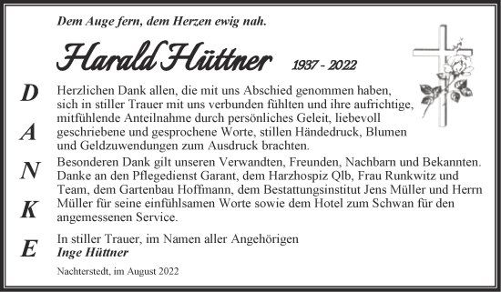 Traueranzeige von Harald Hüttner von Trauerkombi Aschersleben