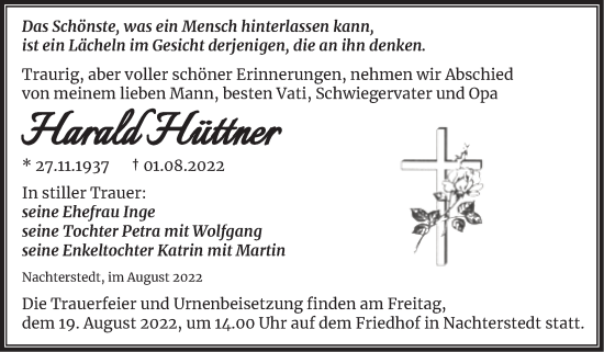 Traueranzeige von Harald Hüttner von Trauerkombi Aschersleben