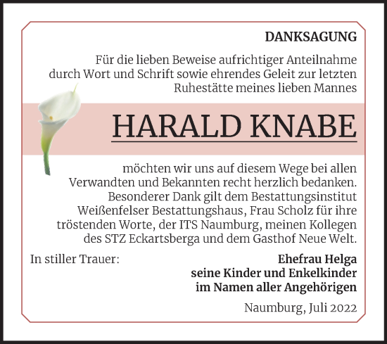 Traueranzeige von Harald Knabe von Wochenspiegel Naumburg/Nebra