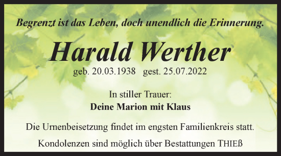 Traueranzeige von Harald Werther von Trauerkombi Quedlinburg