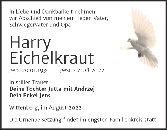 Traueranzeige von Harry Eichelkraut von Trauerkombi Wittenberg