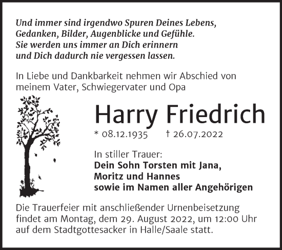 Traueranzeige von Harry Friedrich von Mitteldeutsche Zeitung Halle/Saalkreis