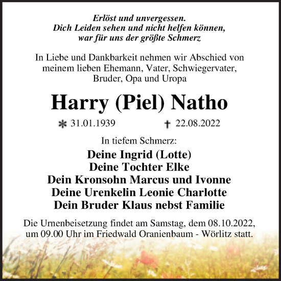 Traueranzeige von Harry  Natho von Trauerkombi Wittenberg