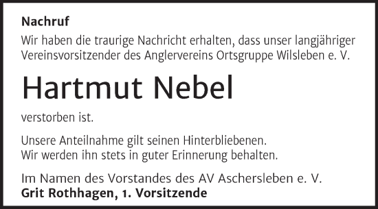 Traueranzeige von Hartmut Nebel von Trauerkombi Aschersleben