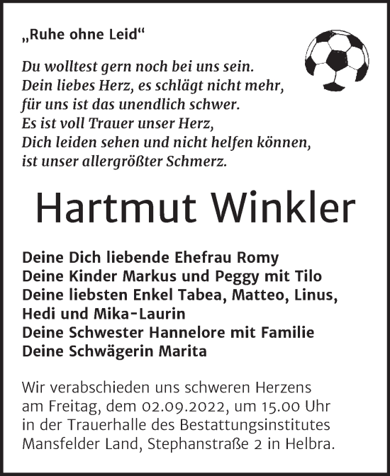 Traueranzeige von Hartmut Winkler von Trauerkombi Mansfelder Land