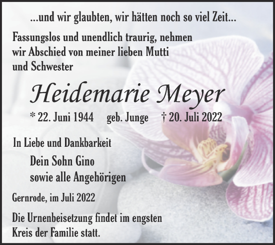Traueranzeige von Heidemarie Meyer von Trauerkombi Quedlinburg