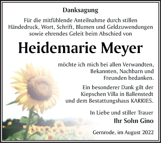 Traueranzeige von Heidemarie Meyer von Trauerkombi Quedlinburg