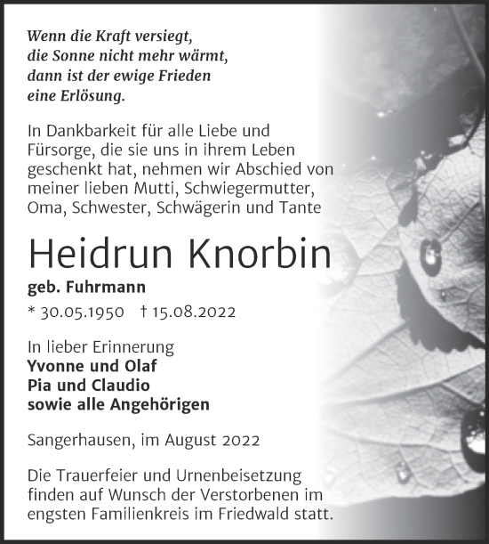 Traueranzeige von Heidrun Knorbin von Trauerkombi Sangerhausen