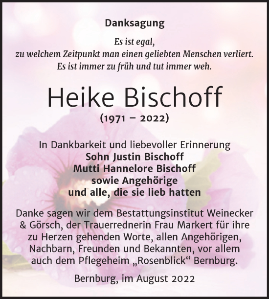 Traueranzeige von Heike Bischoff von Trauerkombi Bernburg