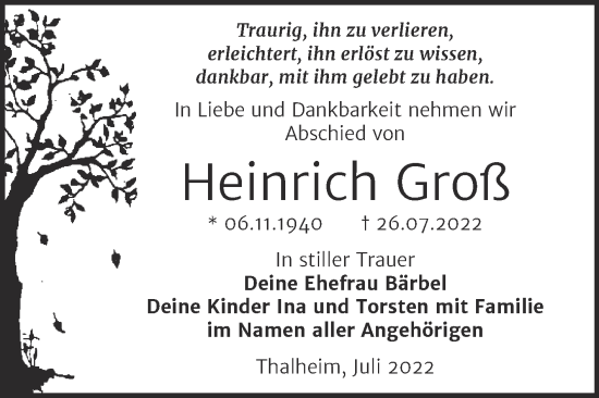 Traueranzeige von Heinrich Groß von Trauerkombi Bitterfeld