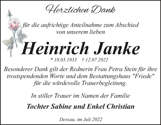 Traueranzeige von Heinrich Janke von Mitteldeutsche Zeitung Dessau-Roßlau
