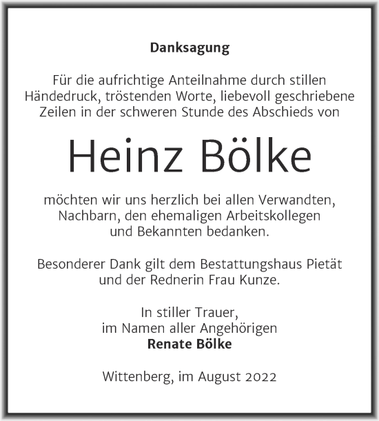Traueranzeige von Heinz Bölke von Trauerkombi Wittenberg