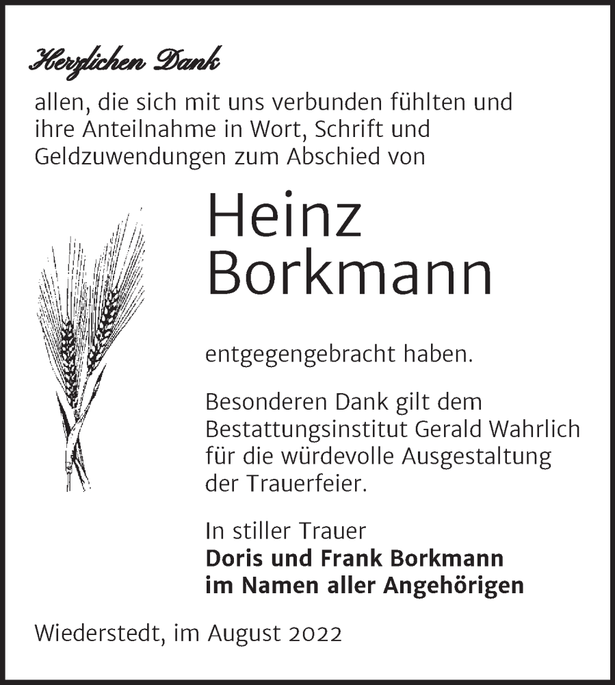  Traueranzeige für Heinz Borkmann vom 20.08.2022 aus Trauerkombi Mansfelder Land