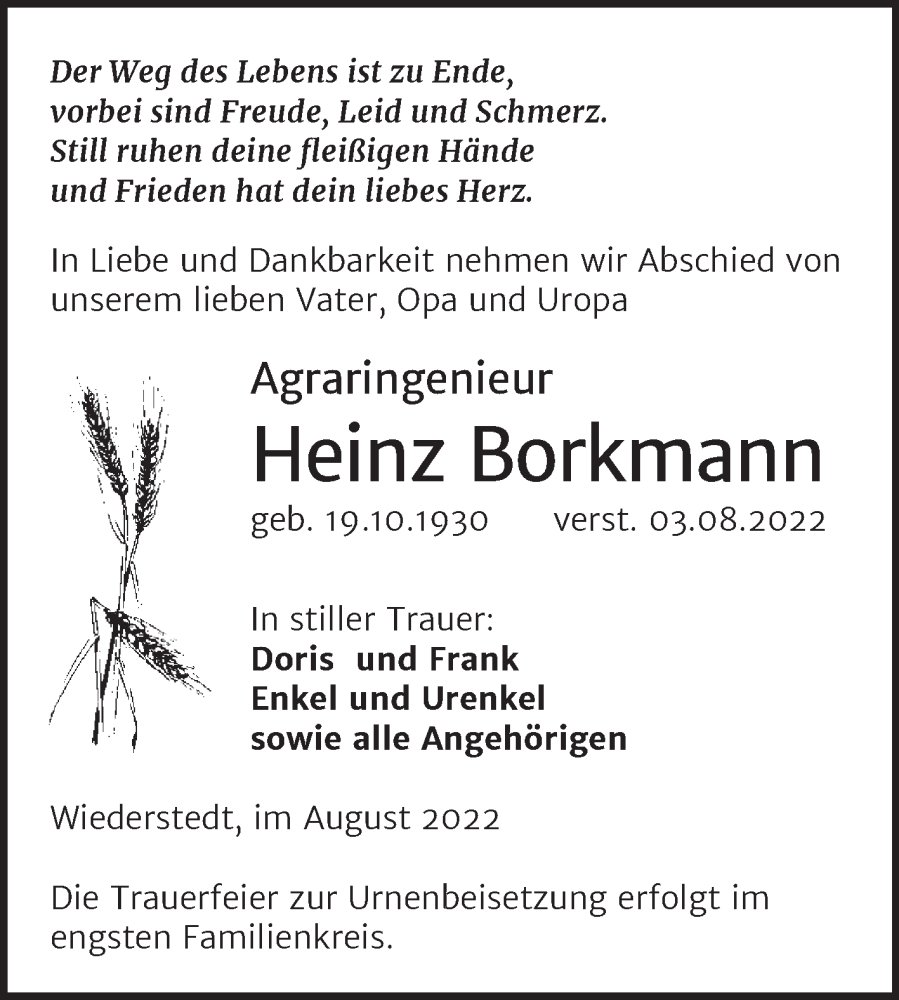  Traueranzeige für Heinz Borkmann vom 10.08.2022 aus Trauerkombi Mansfelder Land